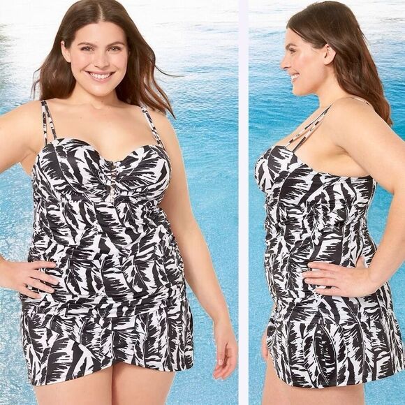 Lane Bryant Black & White Palm Leaves Relaxed Underwire Swim Tankini Top 40DD NW - Picture 3 of 16